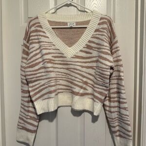 Le Lis Cream and Brown V-Neck Cropped Sweater